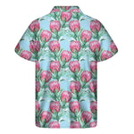 Pink Protea Pattern Print Men's Short Sleeve Shirt