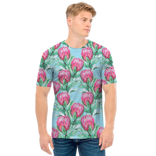 Pink Protea Pattern Print Men's T-Shirt