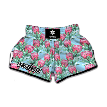 Pink Protea Pattern Print Muay Thai Boxing Shorts