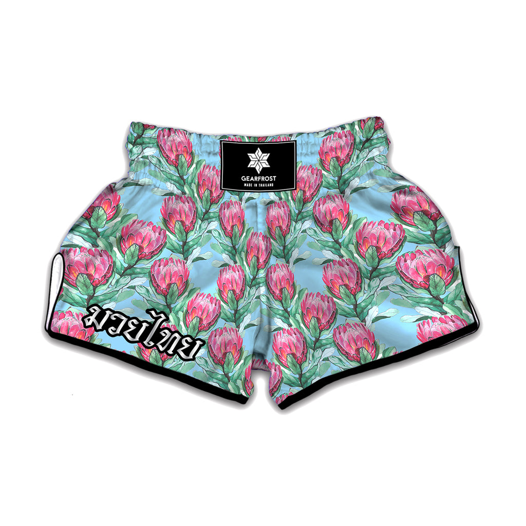 Pink Protea Pattern Print Muay Thai Boxing Shorts