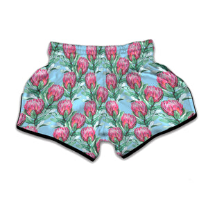 Pink Protea Pattern Print Muay Thai Boxing Shorts