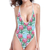 Pink Protea Pattern Print One Piece High Cut Swimsuit
