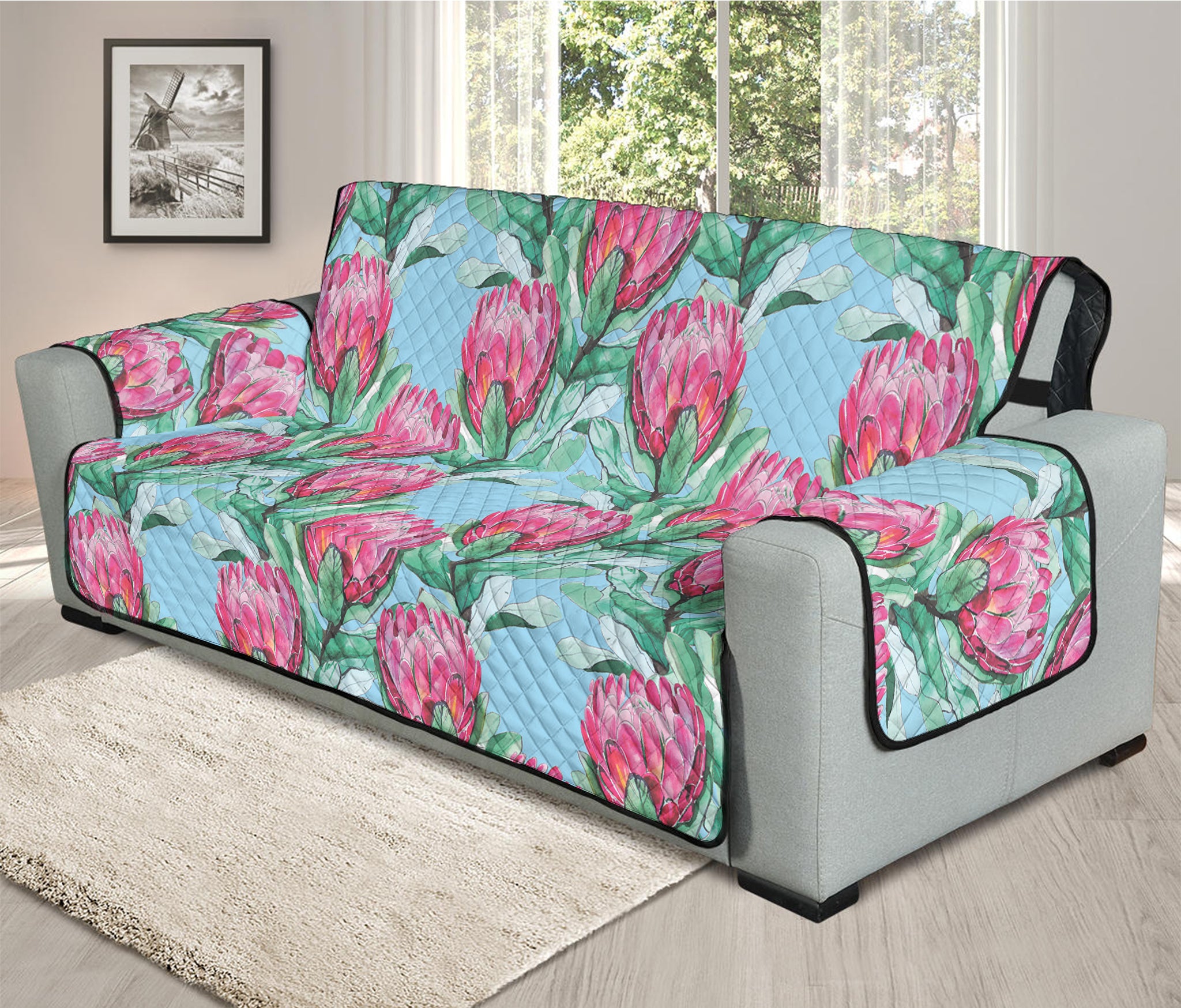 Pink Protea Pattern Print Oversized Sofa Protector