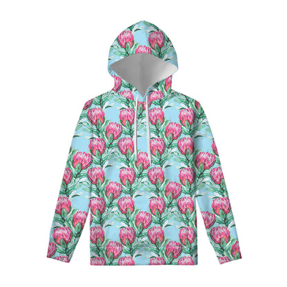 Pink Protea Pattern Print Pullover Hoodie
