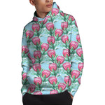 Pink Protea Pattern Print Pullover Hoodie