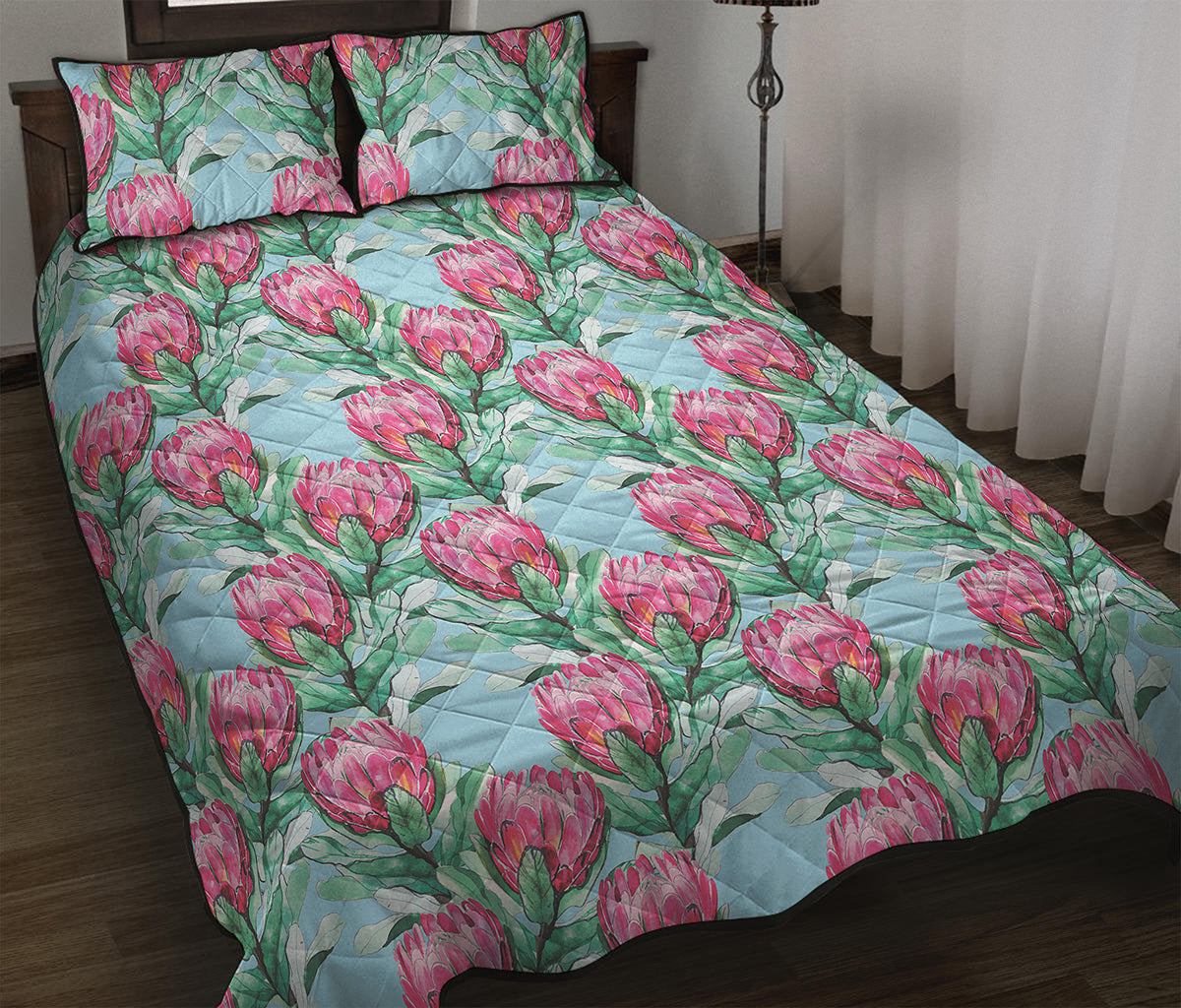 Pink Protea Pattern Print Quilt Bed Set