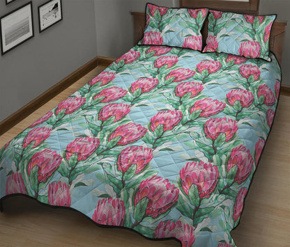 Pink Protea Pattern Print Quilt Bed Set