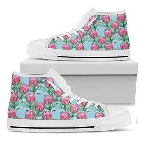 Pink Protea Pattern Print White High Top Shoes