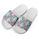 Pink Protea Pattern Print White Slide Sandals