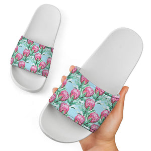 Pink Protea Pattern Print White Slide Sandals