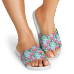 Pink Protea Pattern Print White Slide Sandals