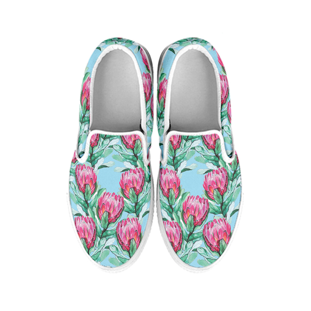 Pink Protea Pattern Print White Slip On Shoes