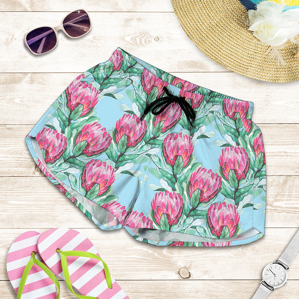Pink Protea Pattern Print Women's Shorts