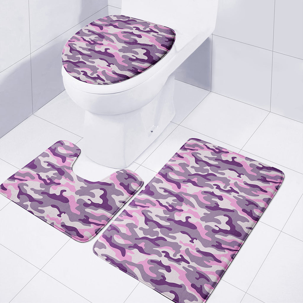 Pink Purple And Grey Camouflage Print 3 Piece Bath Mat Set