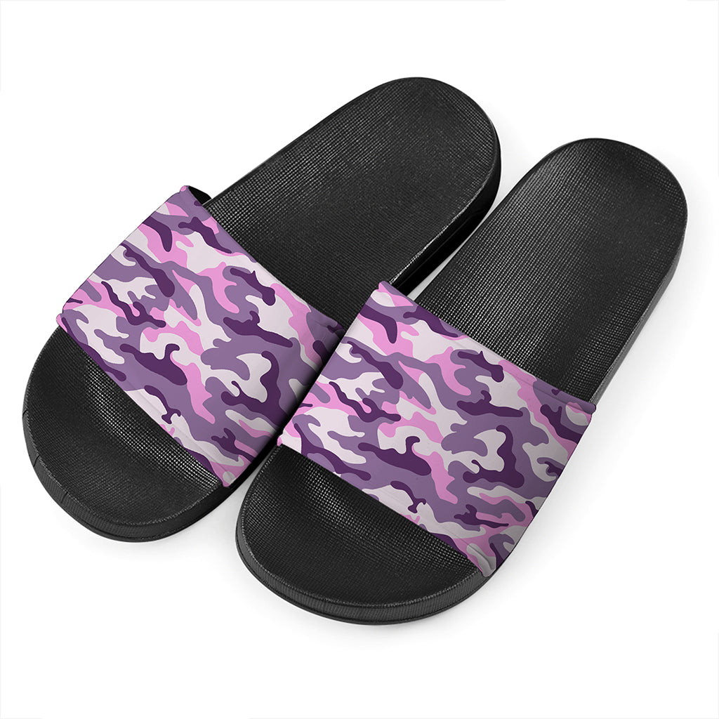 Pink Purple And Grey Camouflage Print Black Slide Sandals