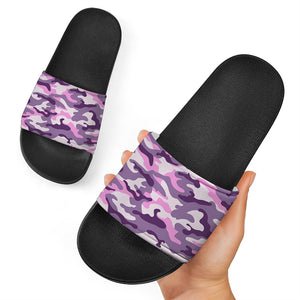 Pink Purple And Grey Camouflage Print Black Slide Sandals