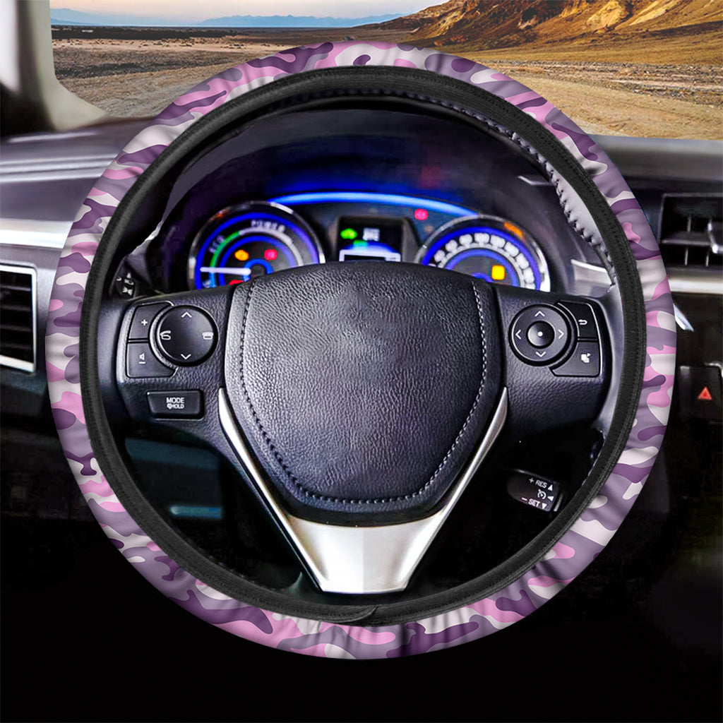 Pink Purple And Grey Camouflage Print Car Steering Wheel Cover