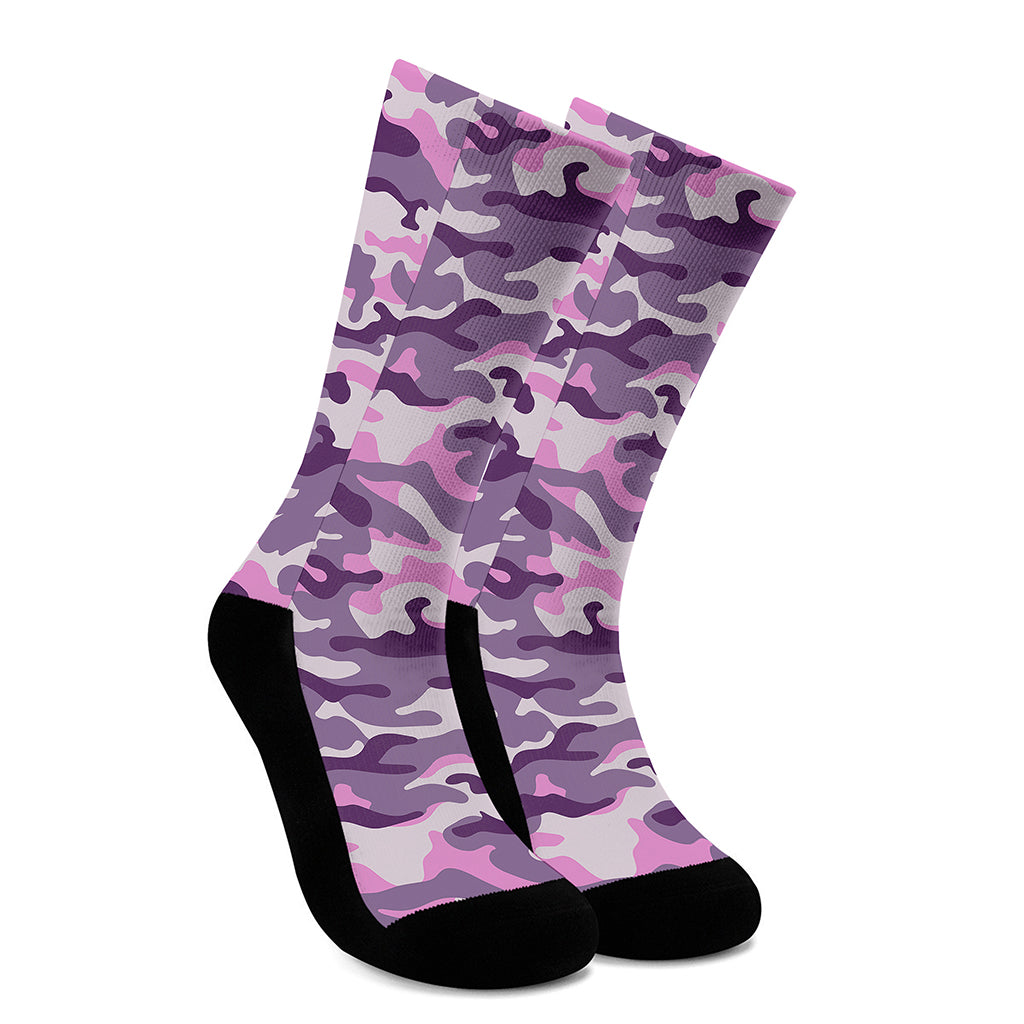 Pink Purple And Grey Camouflage Print Crew Socks