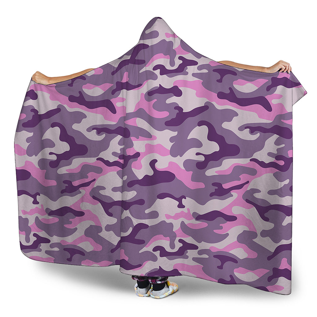 Pink Purple And Grey Camouflage Print Hooded Blanket