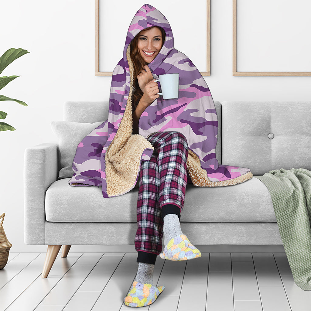 Pink Purple And Grey Camouflage Print Hooded Blanket