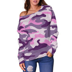 Pink Purple And Grey Camouflage Print Off Shoulder Sweatshirt GearFrost