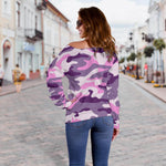 Pink Purple And Grey Camouflage Print Off Shoulder Sweatshirt GearFrost