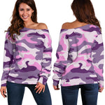 Pink Purple And Grey Camouflage Print Off Shoulder Sweatshirt GearFrost