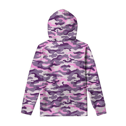 Pink Purple And Grey Camouflage Print Pullover Hoodie