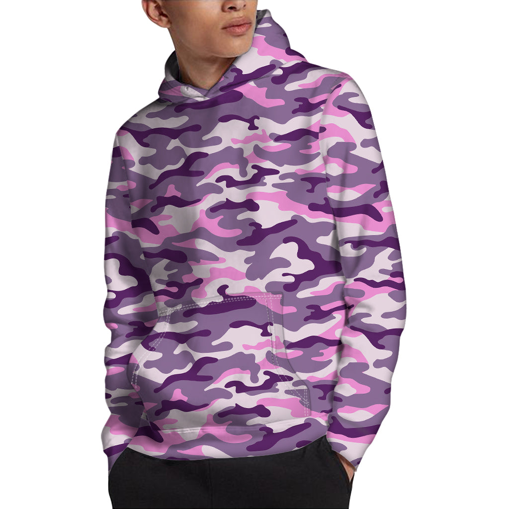 Pink Purple And Grey Camouflage Print Pullover Hoodie