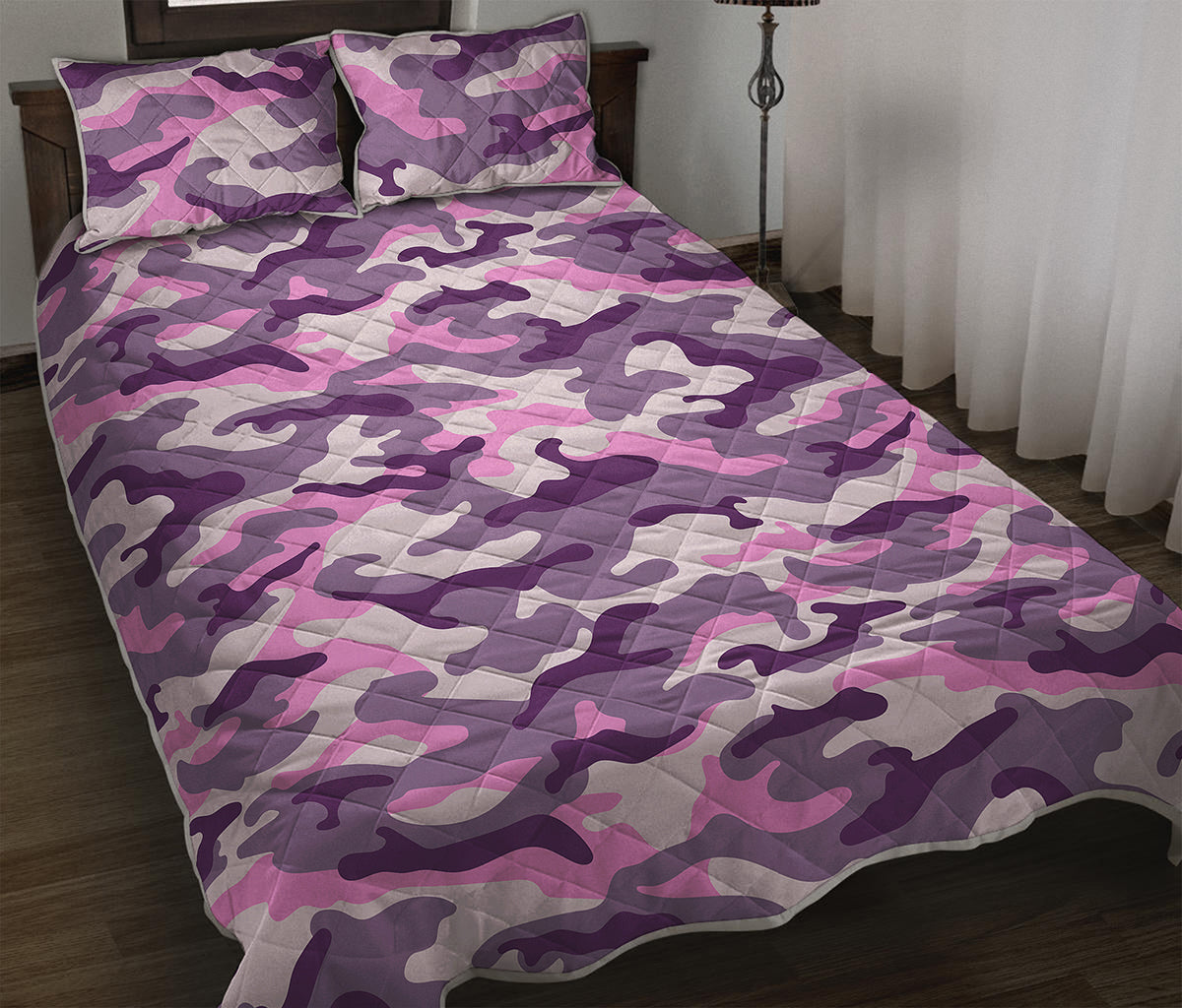 Pink Purple And Grey Camouflage Print Quilt Bed Set