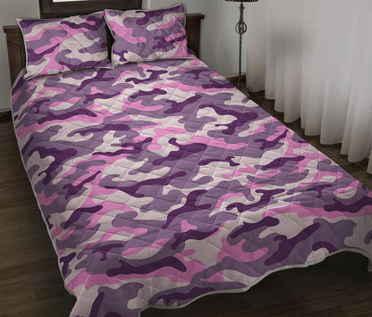 Pink Purple And Grey Camouflage Print Quilt Bed Set