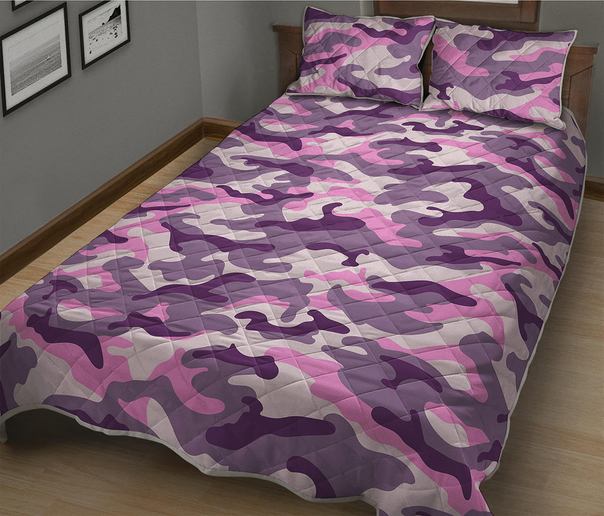 Pink Purple And Grey Camouflage Print Quilt Bed Set