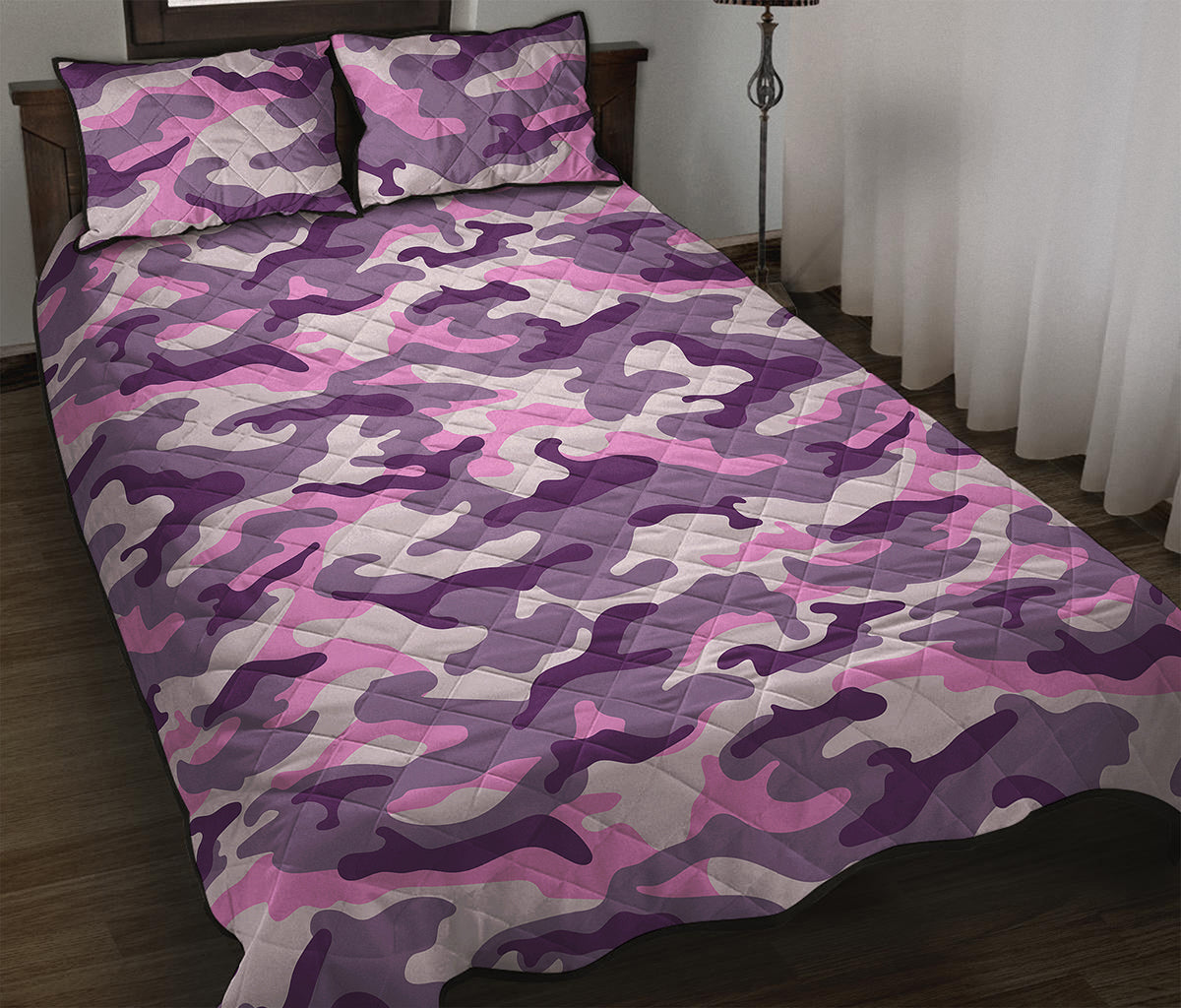 Pink Purple And Grey Camouflage Print Quilt Bed Set
