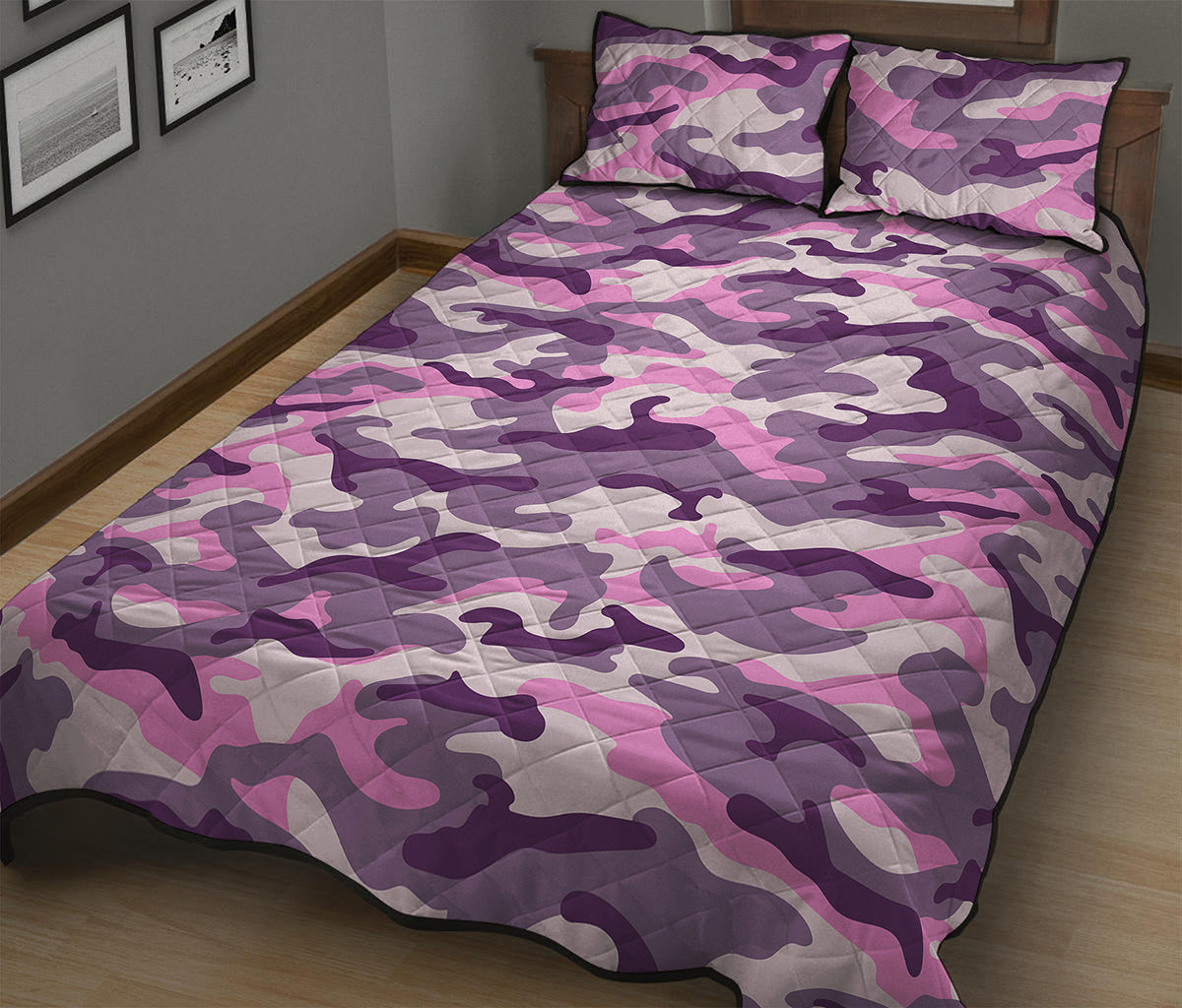 Pink Purple And Grey Camouflage Print Quilt Bed Set