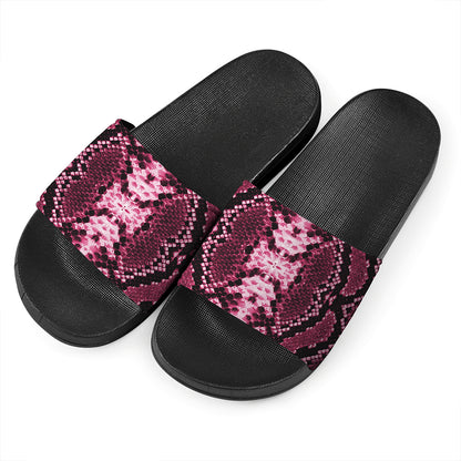 Pink Python Snakeskin Print Black Slide Sandals