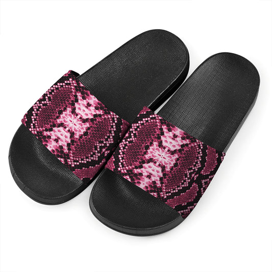 Pink Python Snakeskin Print Black Slide Sandals