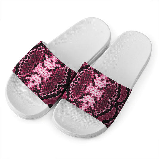 Pink Python Snakeskin Print White Slide Sandals