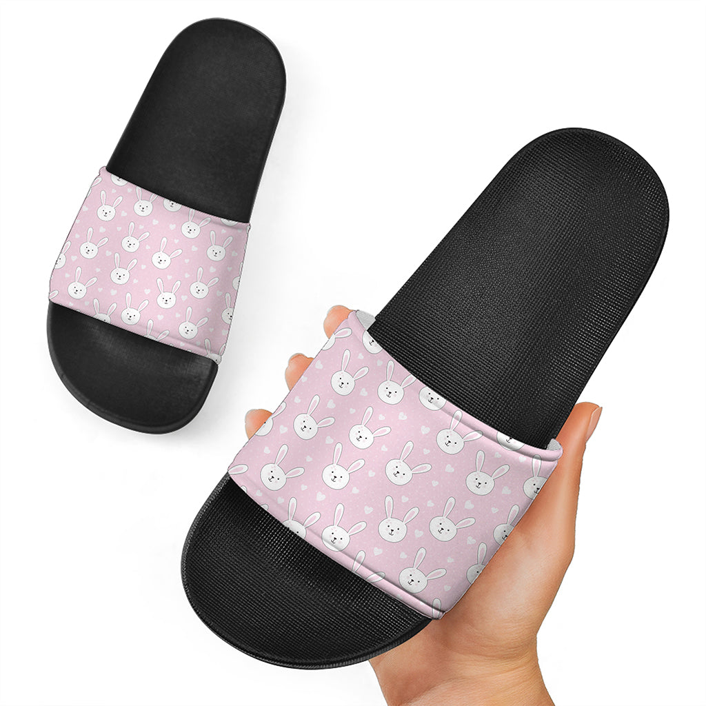 Pink Rabbit Pattern Print Black Slide Sandals