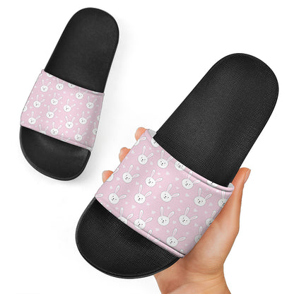 Pink Rabbit Pattern Print Black Slide Sandals