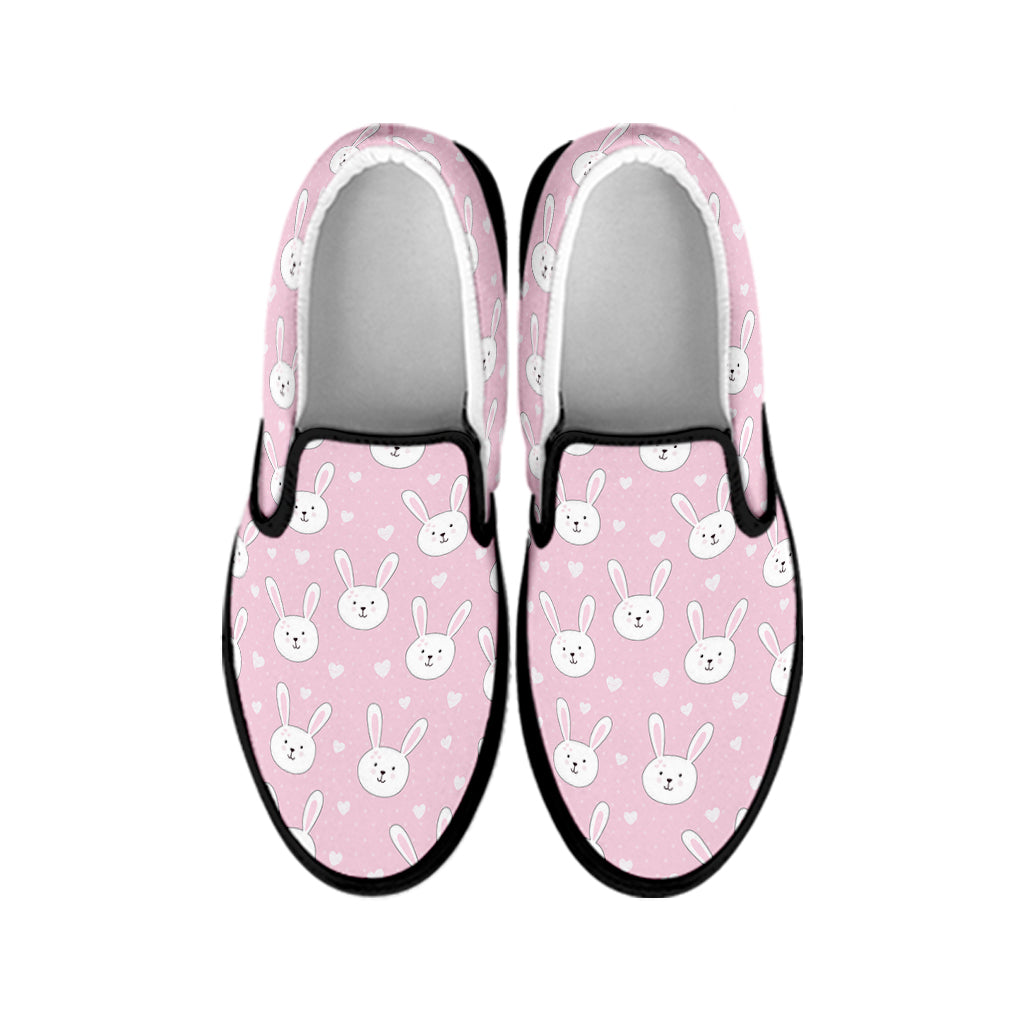 Pink Rabbit Pattern Print Black Slip On Shoes