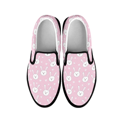 Pink Rabbit Pattern Print Black Slip On Shoes