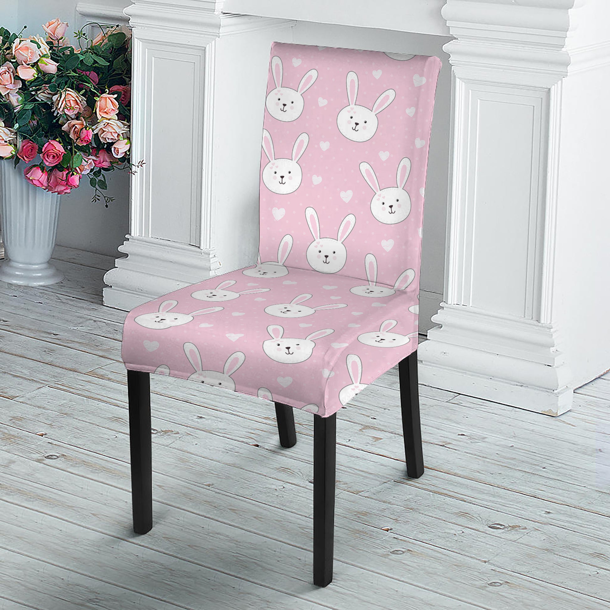 Pink Rabbit Pattern Print Dining Chair Slipcover