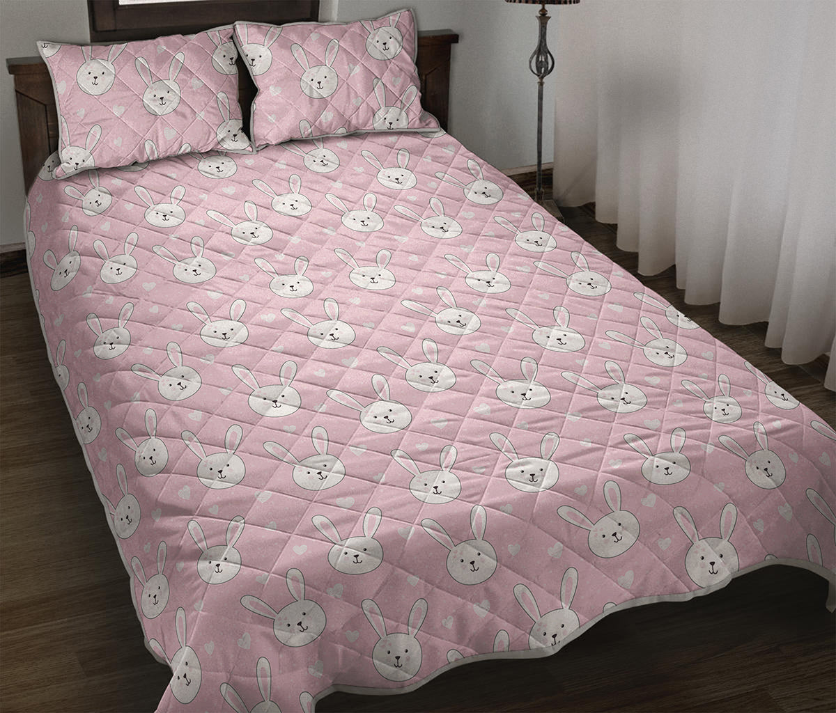 Pink Rabbit Pattern Print Quilt Bed Set