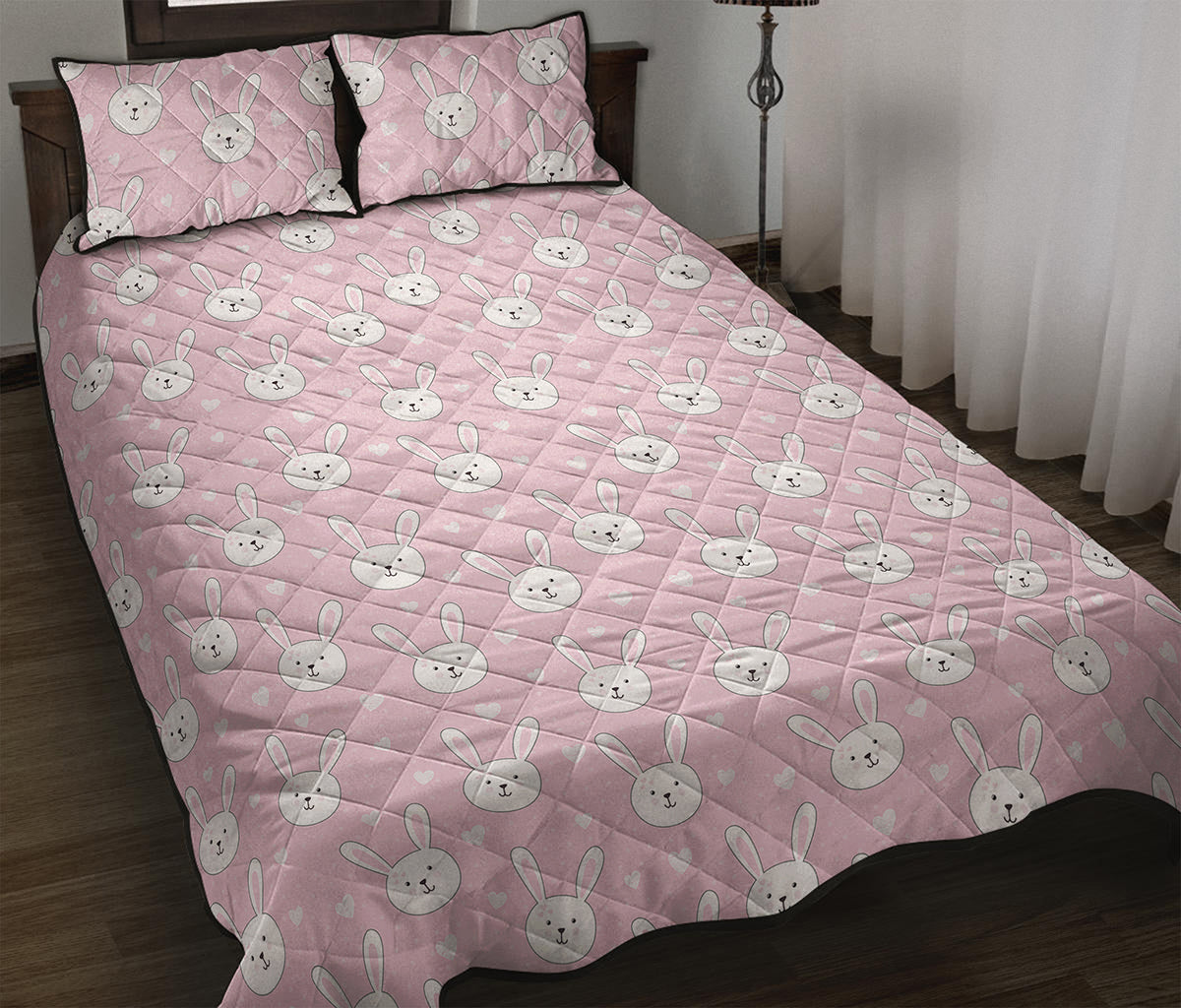Pink Rabbit Pattern Print Quilt Bed Set