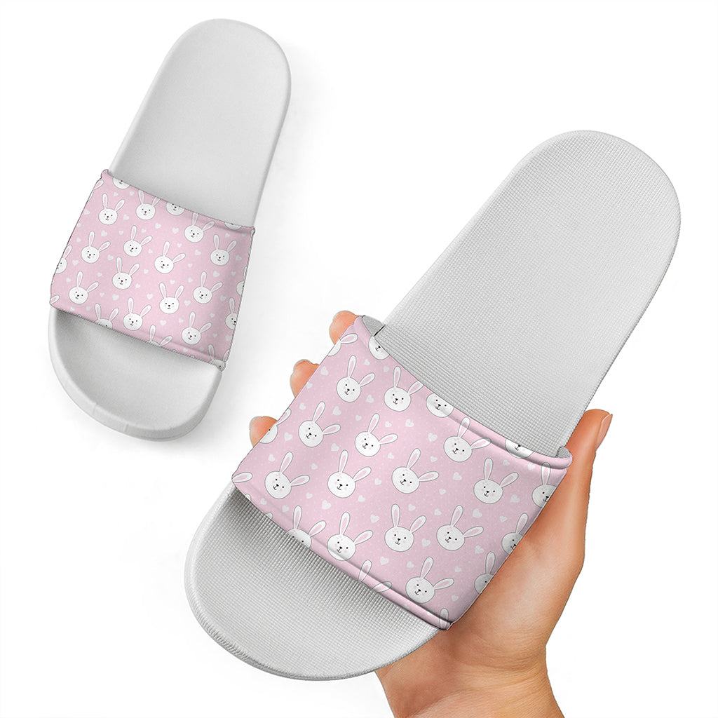 Pink Rabbit Pattern Print White Slide Sandals