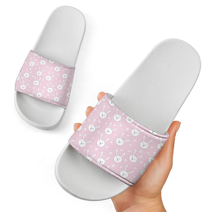 Pink Rabbit Pattern Print White Slide Sandals