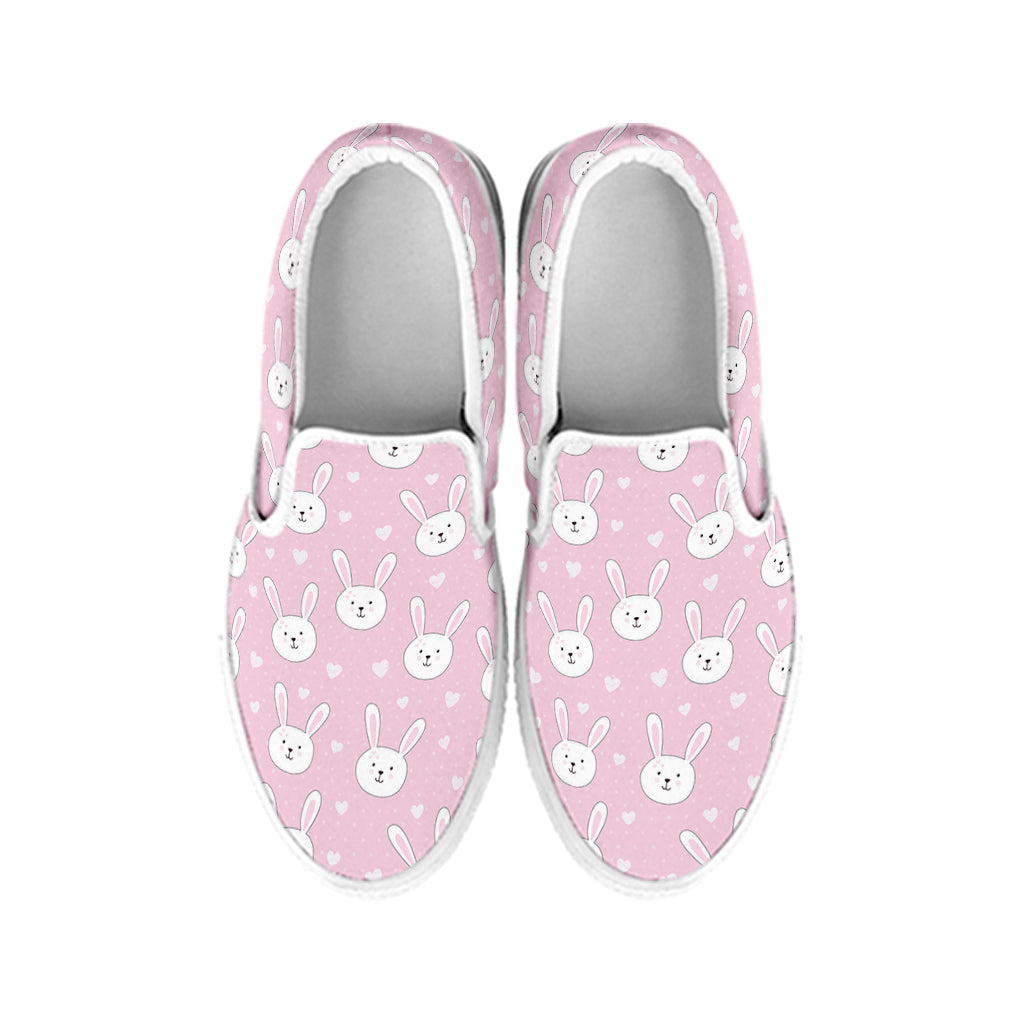 Pink Rabbit Pattern Print White Slip On Shoes