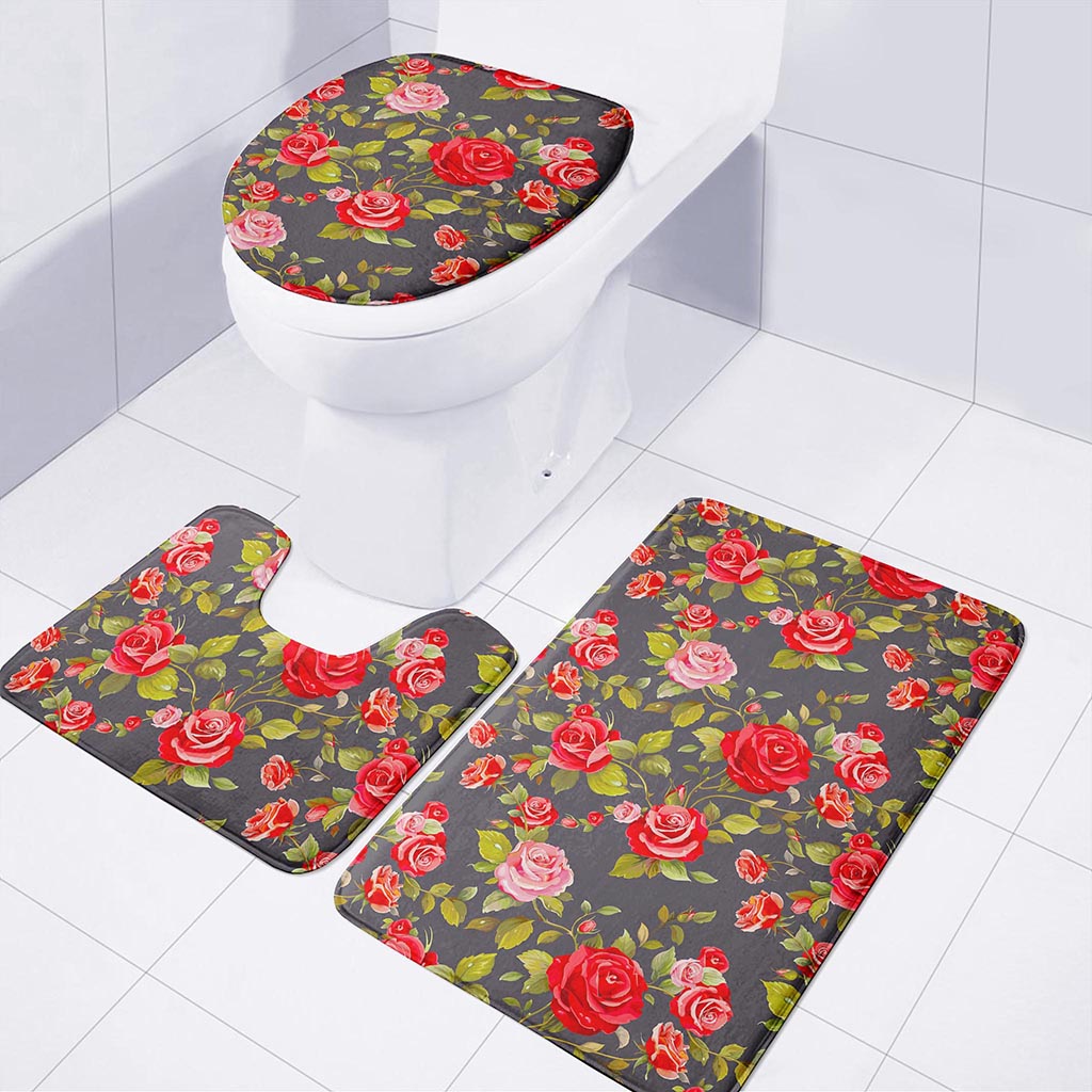 Pink Red Rose Floral Pattern Print 3 Piece Bath Mat Set