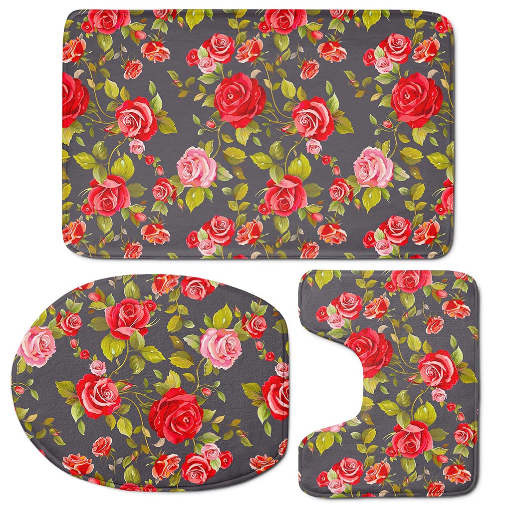 Pink Red Rose Floral Pattern Print 3 Piece Bath Mat Set