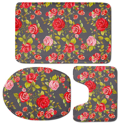 Pink Red Rose Floral Pattern Print 3 Piece Bath Mat Set
